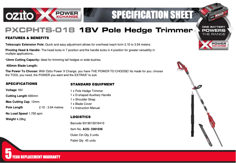 Page 1 de la notice Fiche technique Ozito PXCPHTS-018