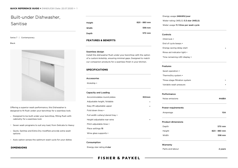 Page 1 de la notice Fiche technique Fisher & Paykel DW60UC6X