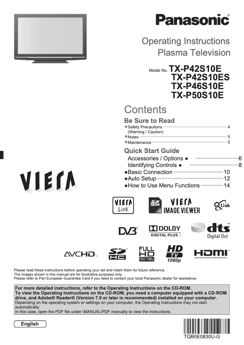 Page 1 de la notice Manuel utilisateur Panasonic Viera TX-P50S10E