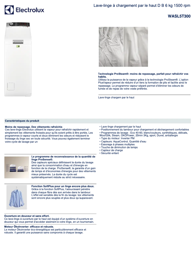 Page 1 de la notice Fiche technique Electrolux WASL5T300