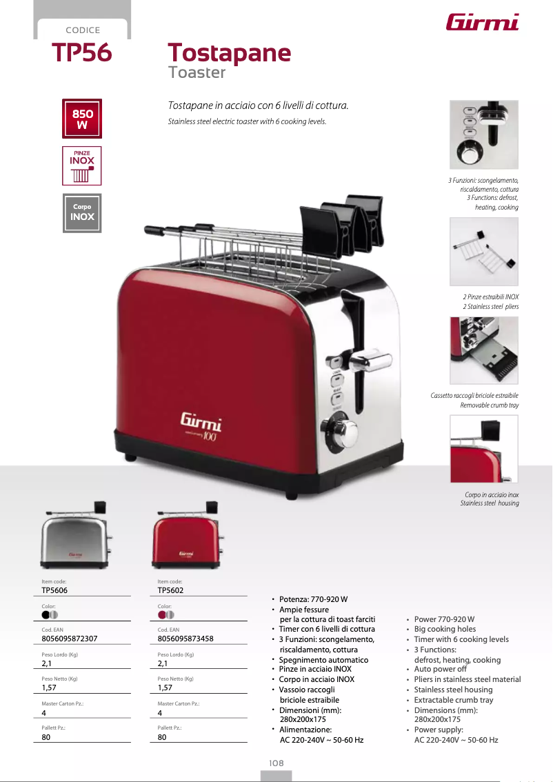 Page 1 de la notice Fiche technique Girmi TP56