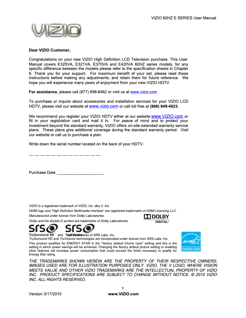 Page 1 de la notice Manuel utilisateur VIZIO E420VA