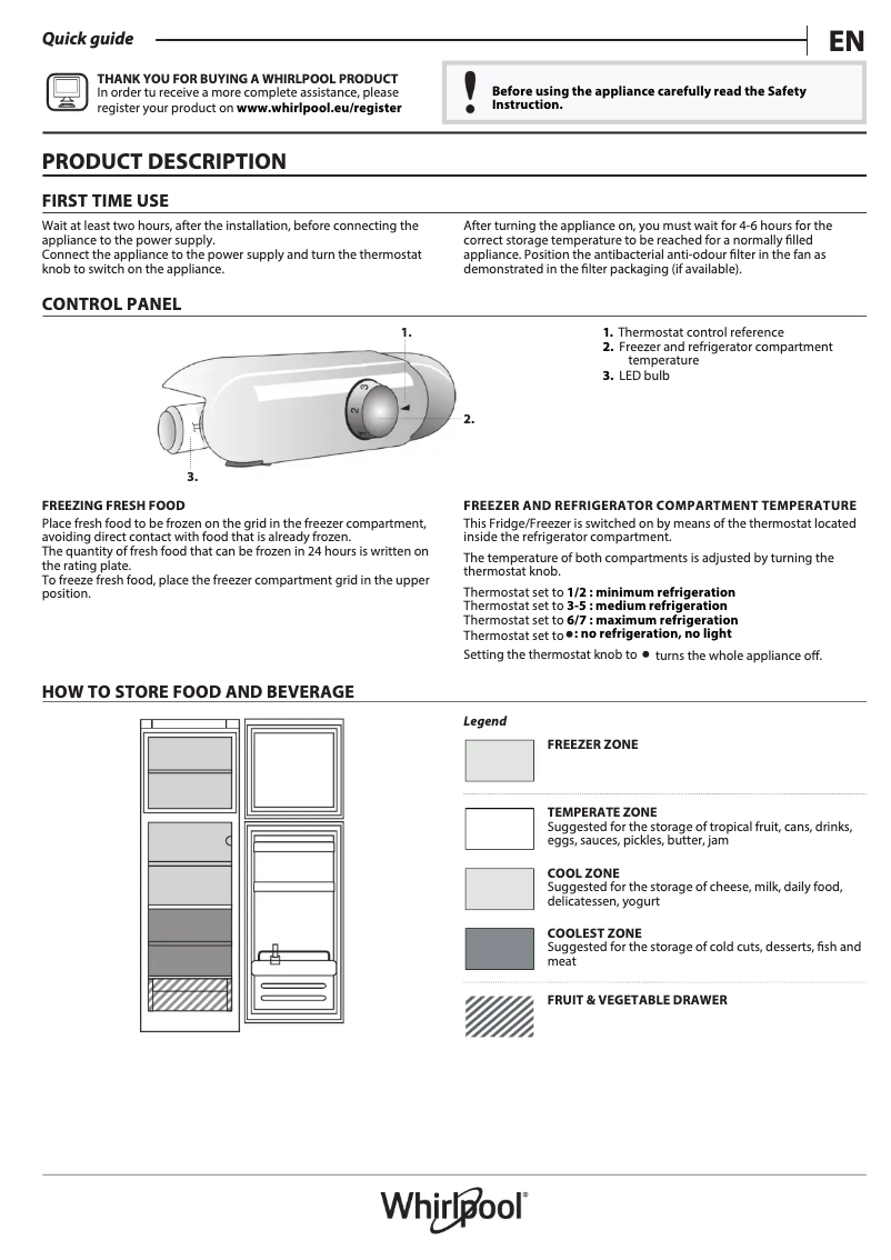 Page 1 de la notice Manuel utilisateur Whirlpool ART 374/A++