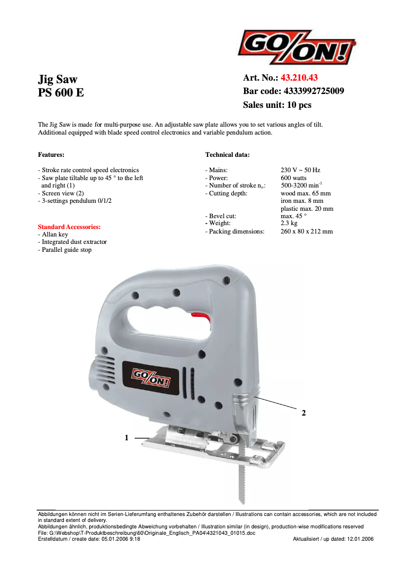 Page 1 de la notice Manuel utilisateur GO/ON PS 600 E