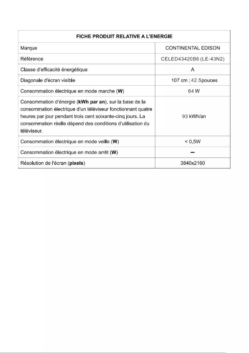 Page n°1 - Label énergétique Continental Edison CELED43420B6
