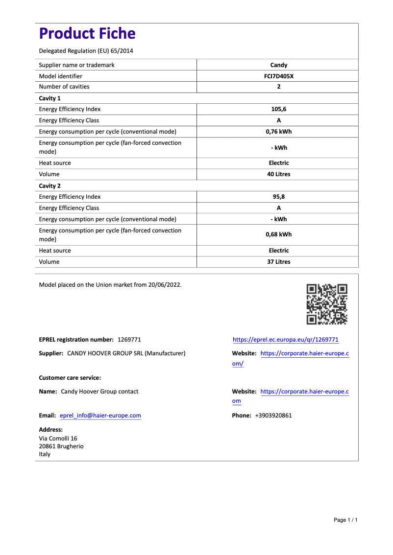 Page 1 de la notice Manuel utilisateur Candy FCI7D405X