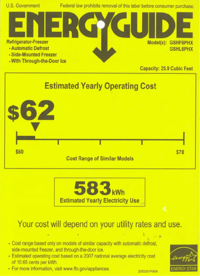 Page 1 of the manual Energy Label GE GSHF6PHXBB
