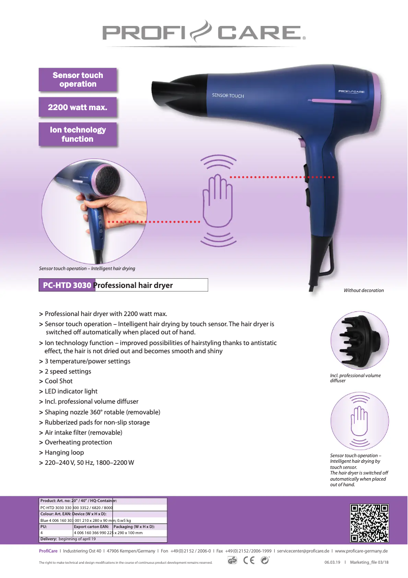 Page 1 de la notice Fiche technique ProfiCare PC-HT 3030