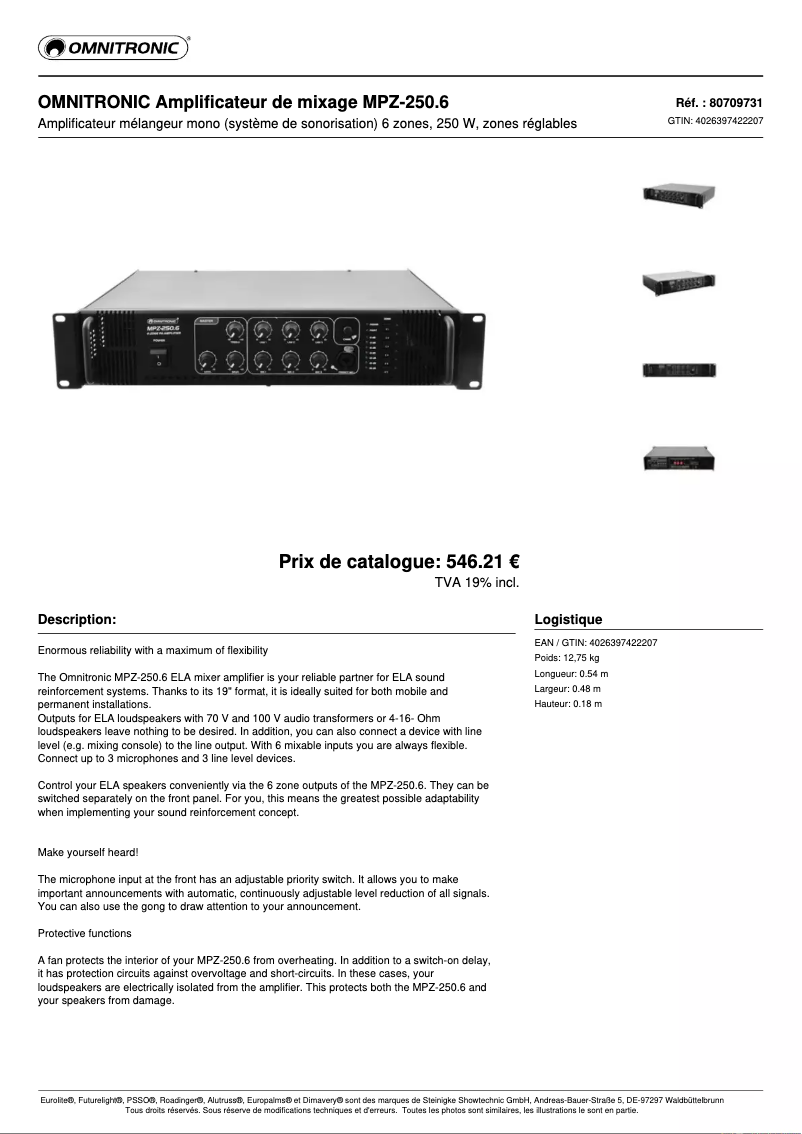 Page 1 de la notice Fiche technique Omnitronic MPZ-250