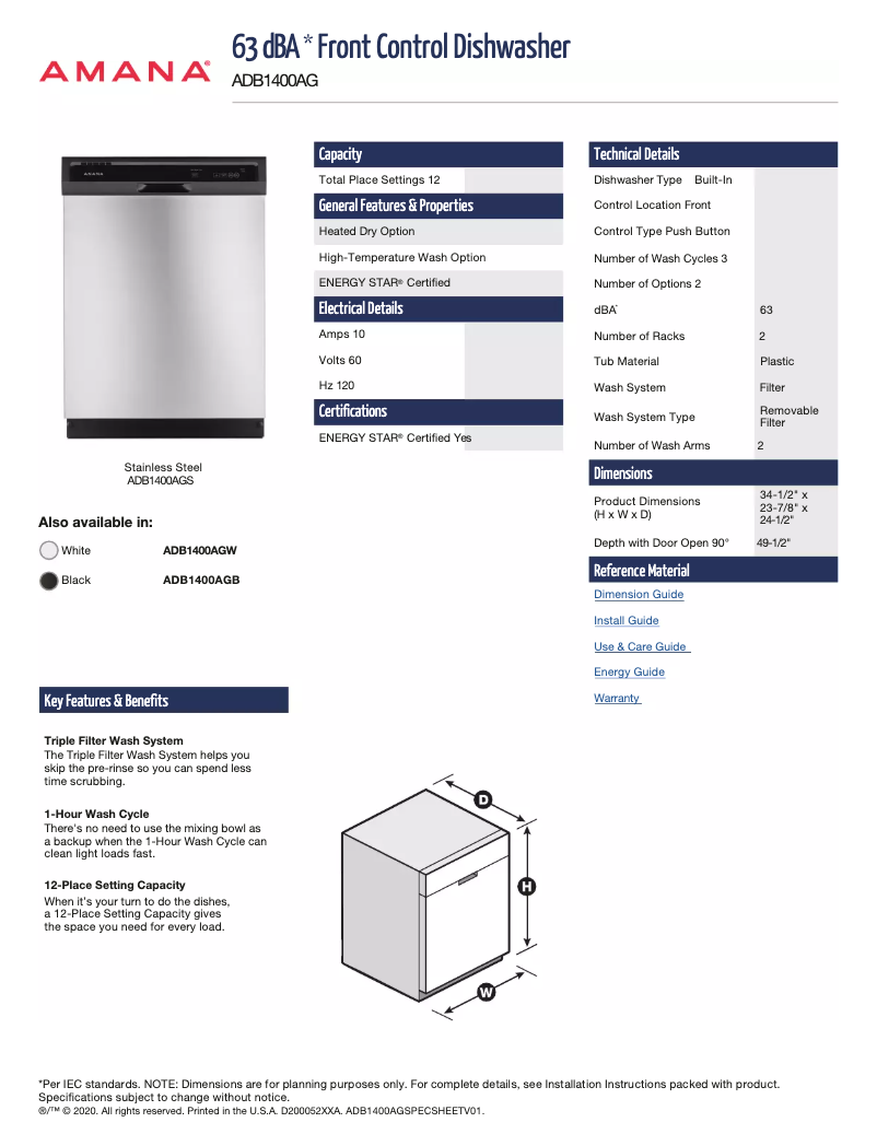 Page 1 de la notice Fiche technique Amana ADB1400AGW