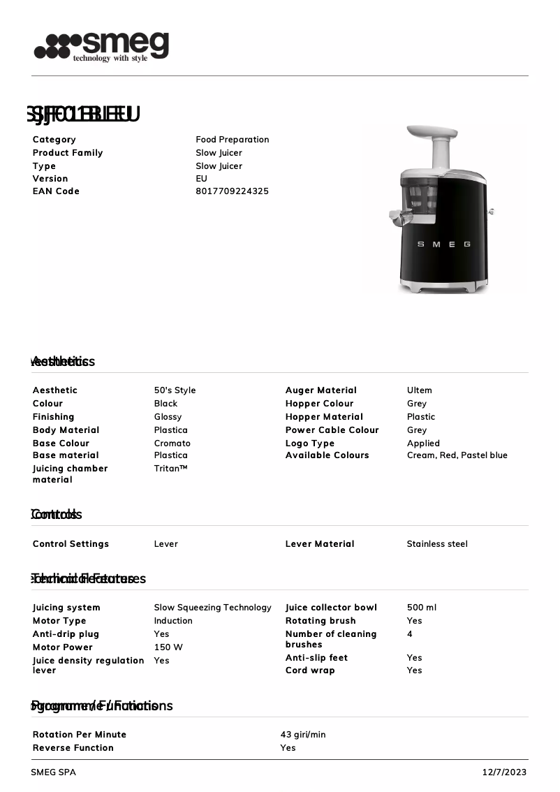 Page 1 de la notice Fiche technique Smeg SJF01