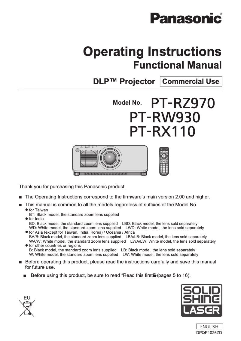Image de la première page du manuel de l'appareil PT-RZ870
