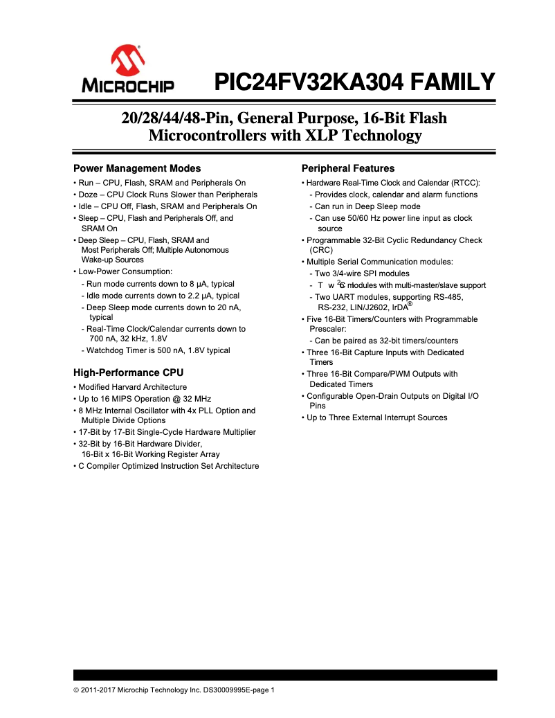Página 1 del manual Ficha técnica Microchip PIC24F32KA301