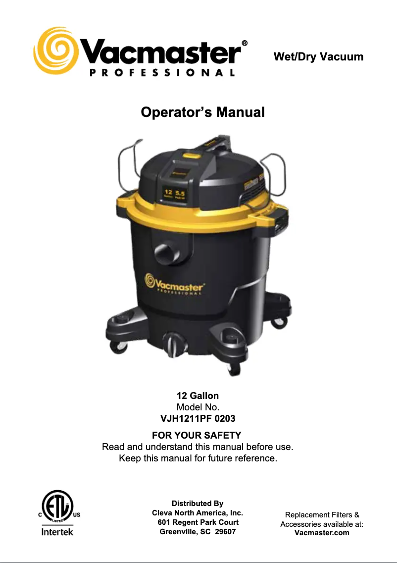 Page n°1 - Manuel utilisateur Vacmaster Professional VJH1211PF 0203