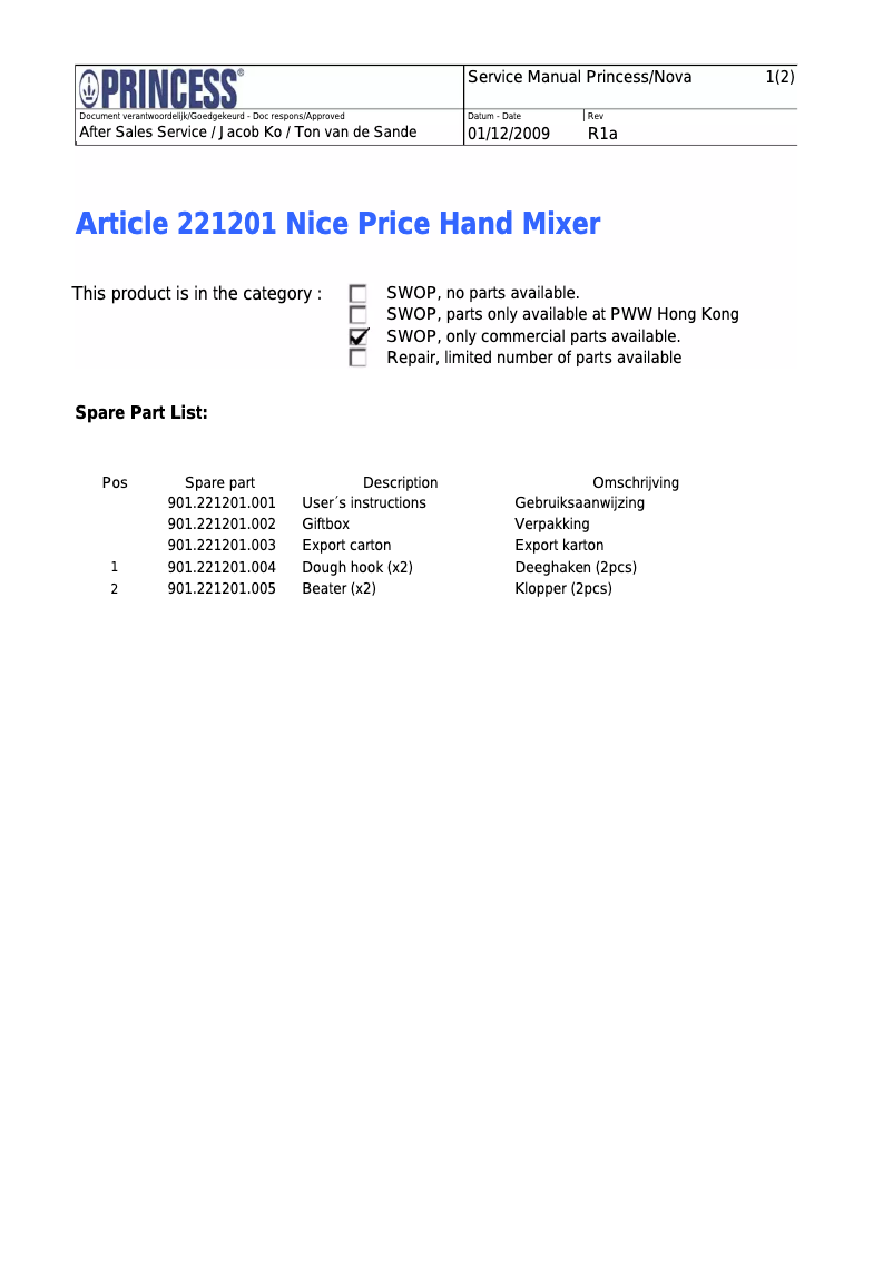 Page 1 de la notice Manuel utilisateur Princess 221201