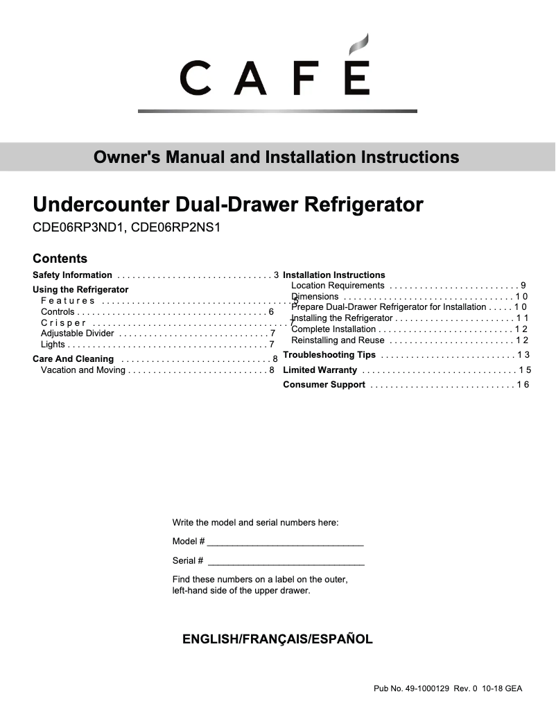 Page n°1 - Guide d'installation GE CDE06RP2NS1