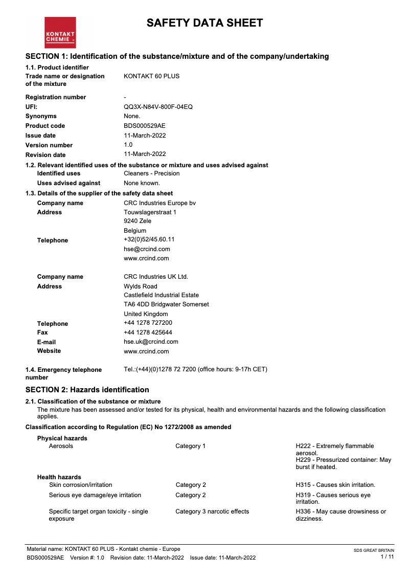 Page 1 de la notice Manuel utilisateur Kontakt Chemie KONTAKT 60 Plus