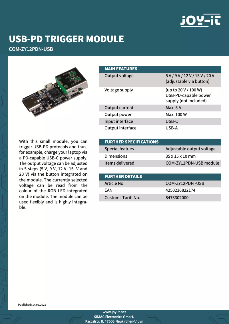 Page 1 de la notice Fiche technique Joy-It COM-ZY12PDN-USB