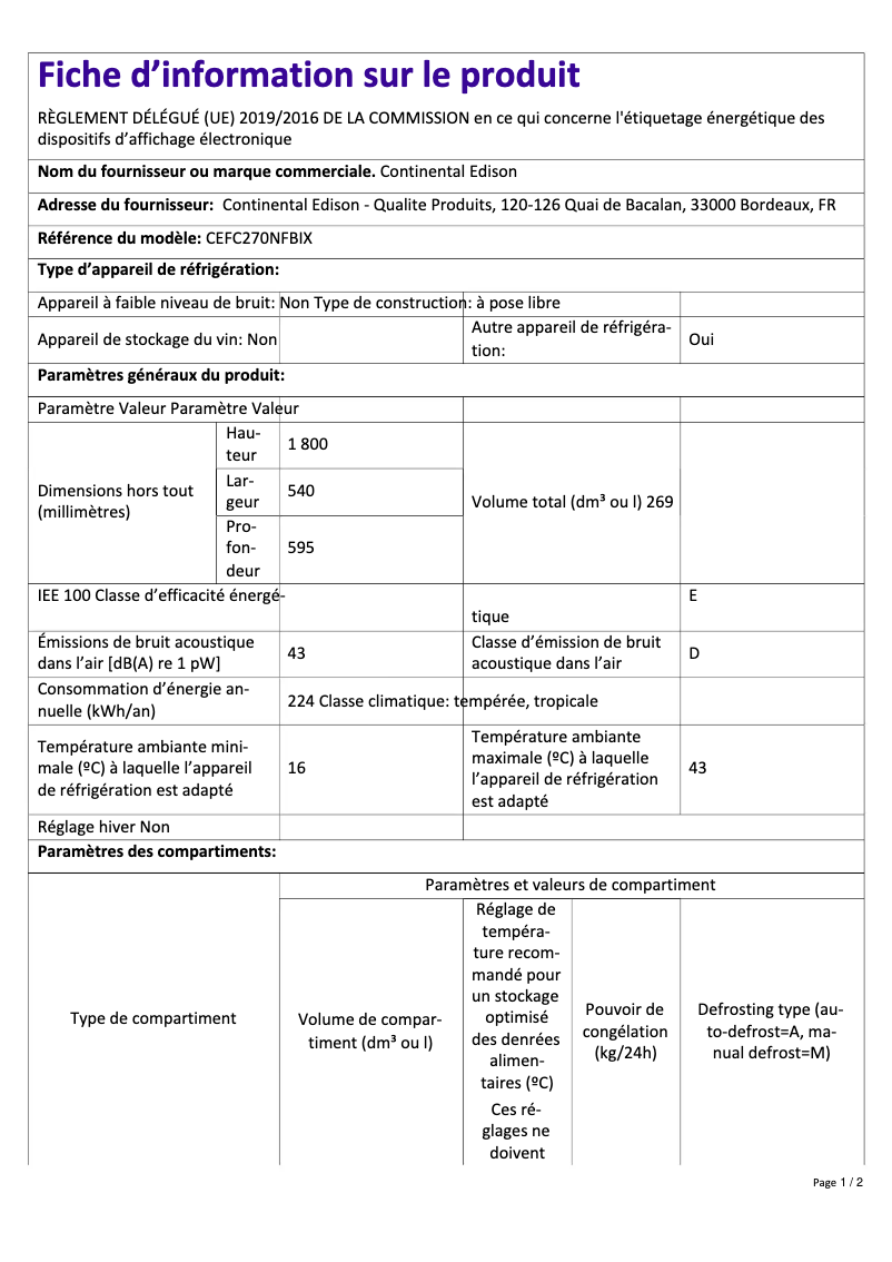 Page n°1 - Label énergétique Continental Edison CEFC270NFBIX