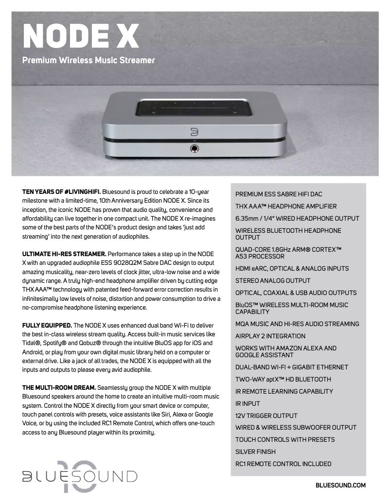 Page 1 de la notice Fiche technique Bluesound Node X