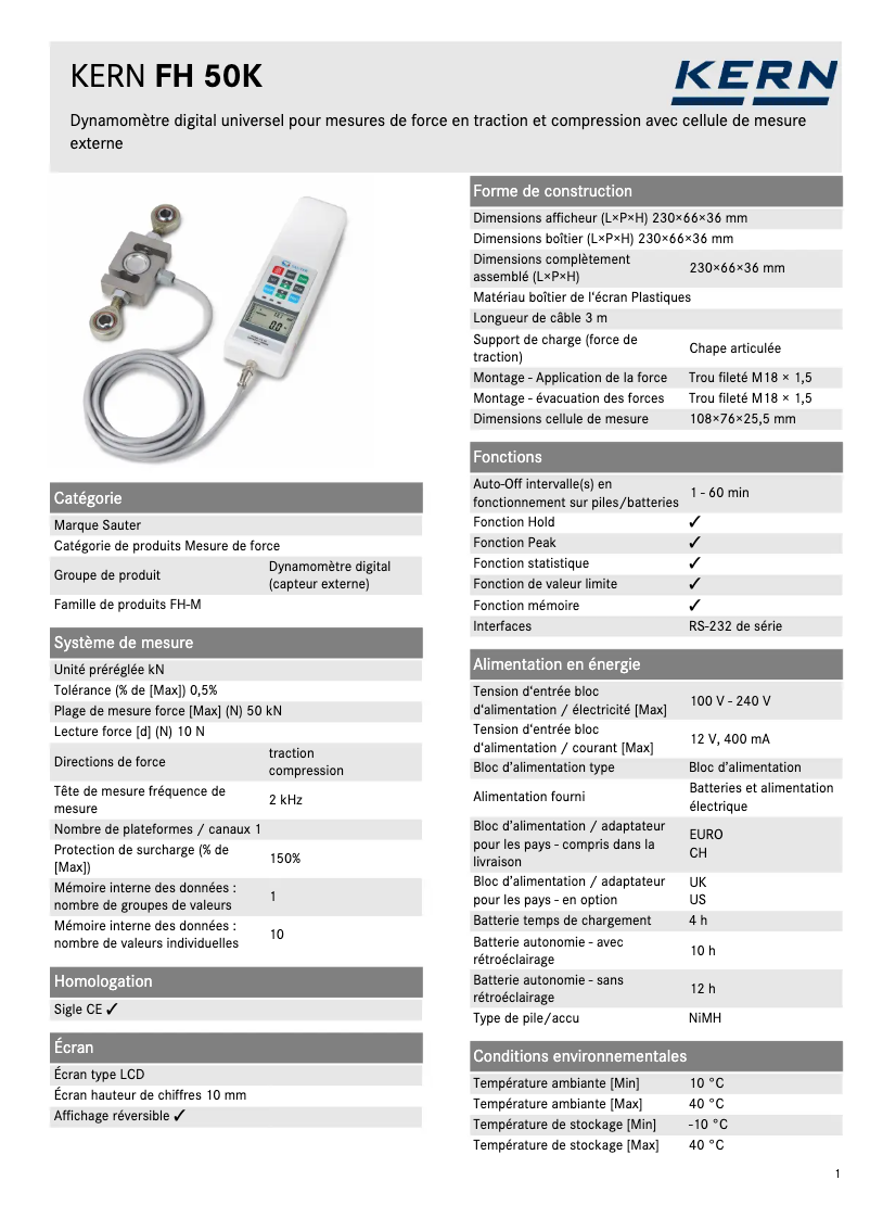 Page 1 de la notice Fiche technique Kern FH 50K