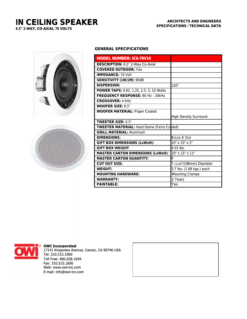 Page n°1 - Brochure OWI IC6-70V10