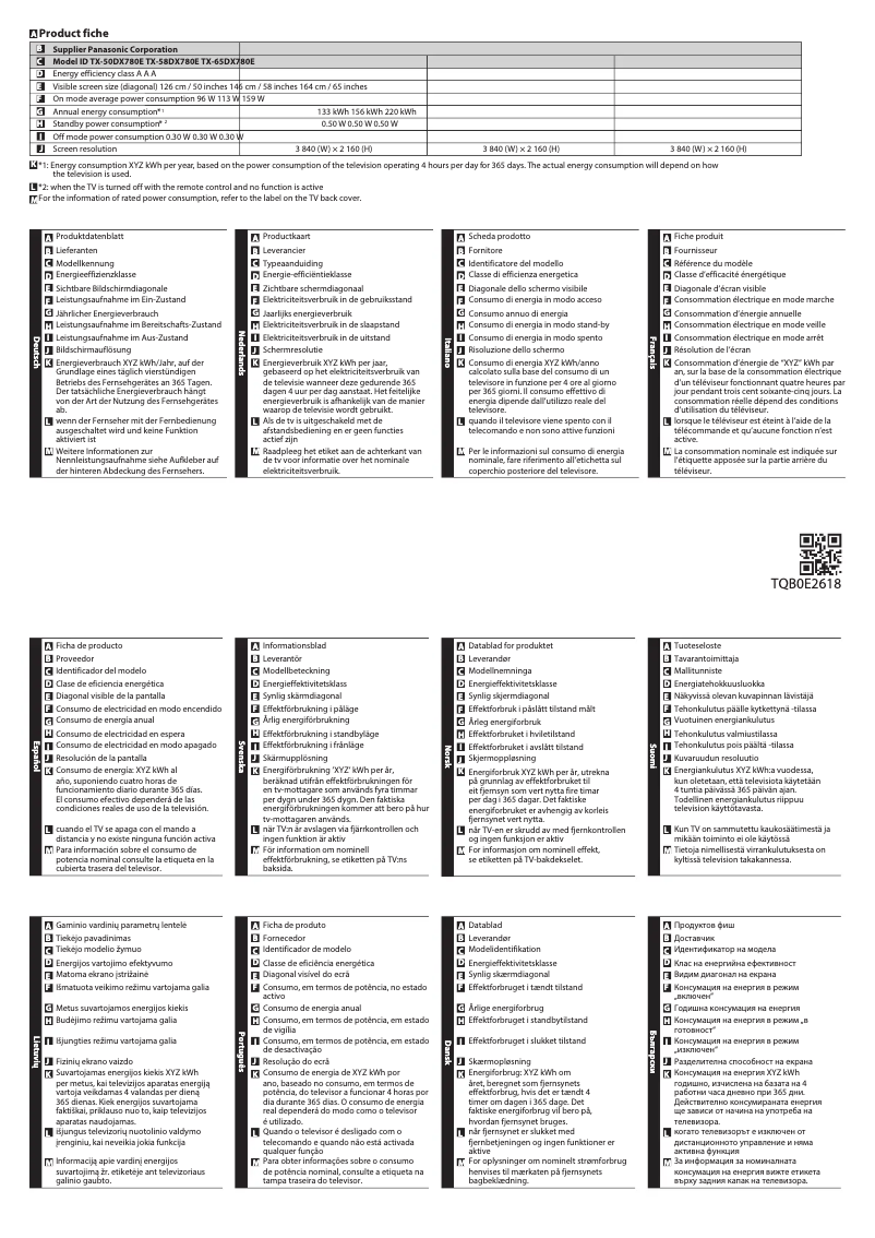 Page 1 de la notice Fiche technique Panasonic TX-50DX780E