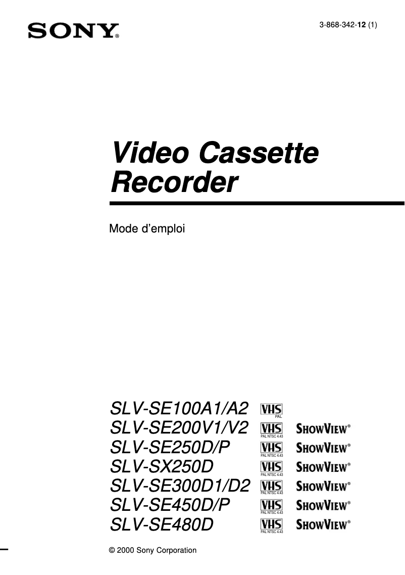 Page 1 de la notice Manuel utilisateur Sony SLV-SE250P
