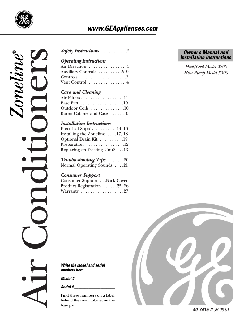 Page 1 de la notice Manuel d'utilisation et d'entretien GE AZ25E15E3B