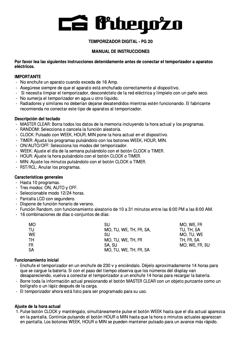 Page 1 de la notice Manuel utilisateur Orbegozo PG 20