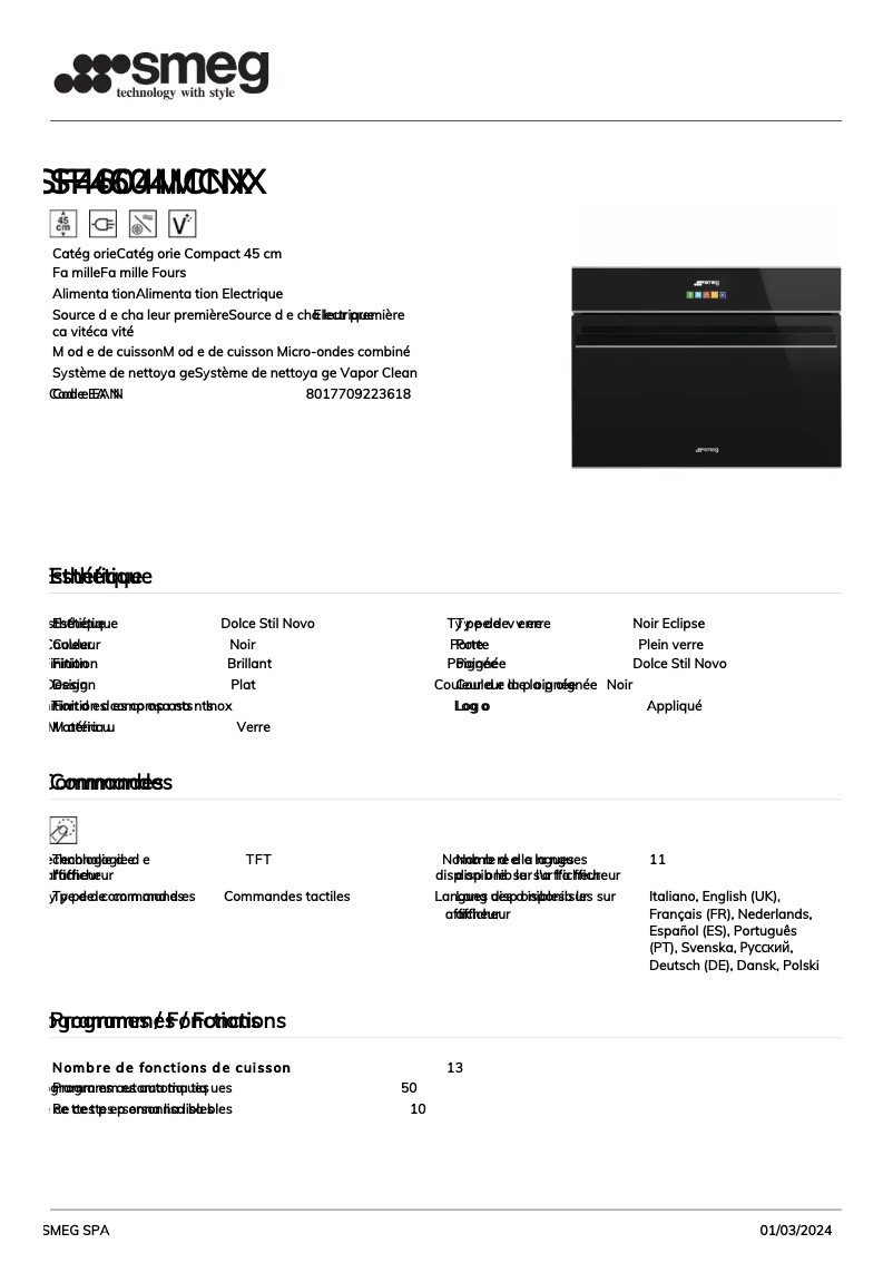 Página 1 del manual Ficha técnica Smeg SF4604MCNX