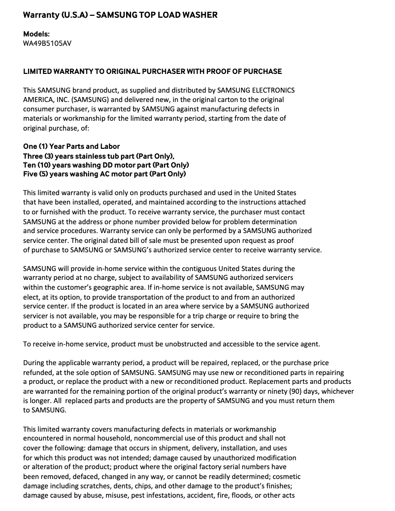 Page 1 de la notice Informations de garantie Samsung WA49B5105AV