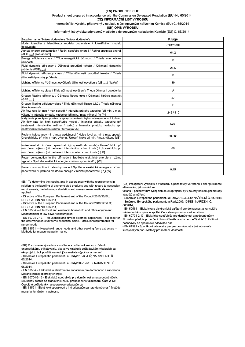 Page 1 de la notice Fiche technique Kluge KOI4200BL