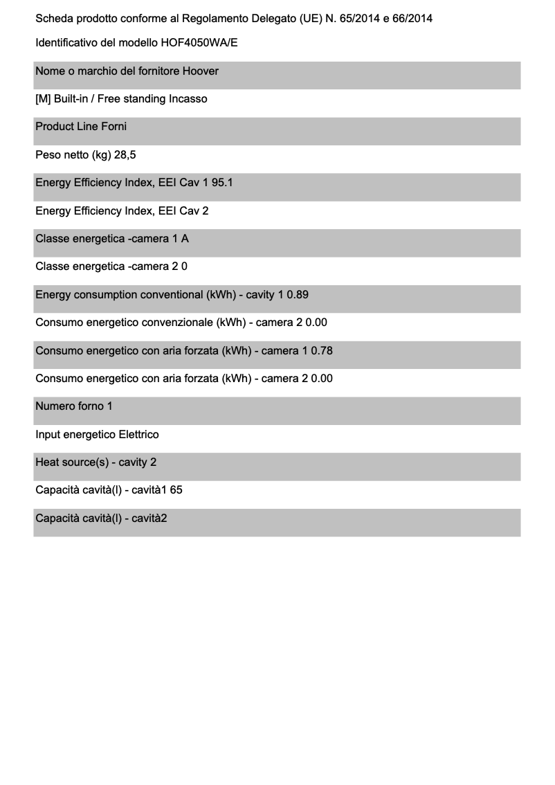 Page 1 de la notice Fiche technique Hoover HOF4050WA/E