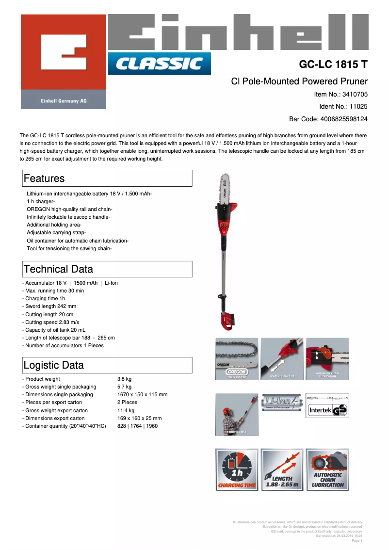 Page n°1 - Fiche technique Einhell GC-LC 1815 T