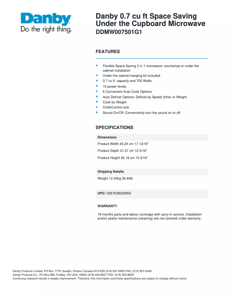 Page 1 de la notice Fiche technique Danby DDMW007501G1
