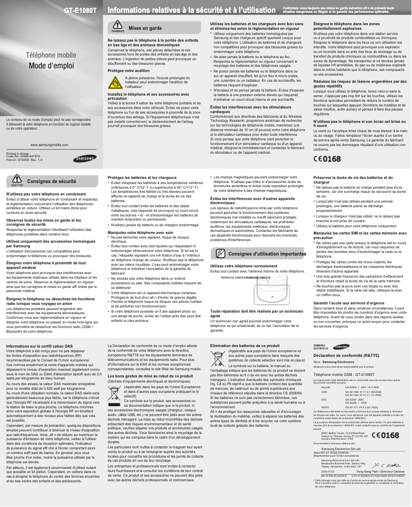 Page n°1 - Manuel utilisateur Samsung GT-E1080I