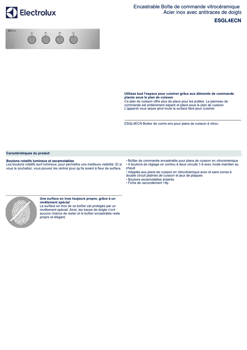 Page 1 de la notice Fiche technique Electrolux ESGL4ECN