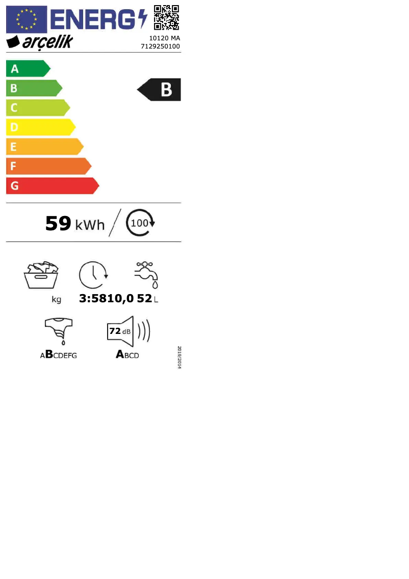Page 1 de la notice Label énergétique Arçelik 10120 MA