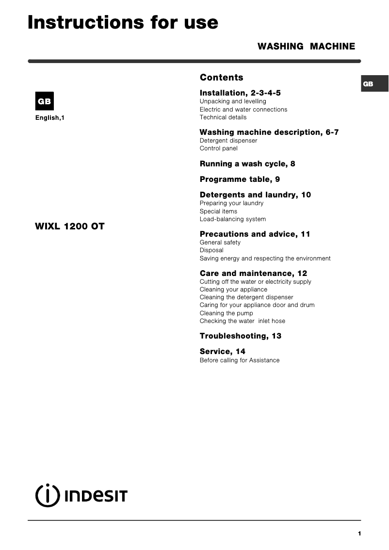 Page n°1 - Manuel utilisateur Indesit WIXL 1200 OT (UK)(V)