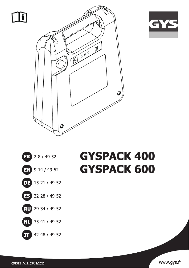 Page n°1 - Manuel utilisateur GYS Gyspack 400