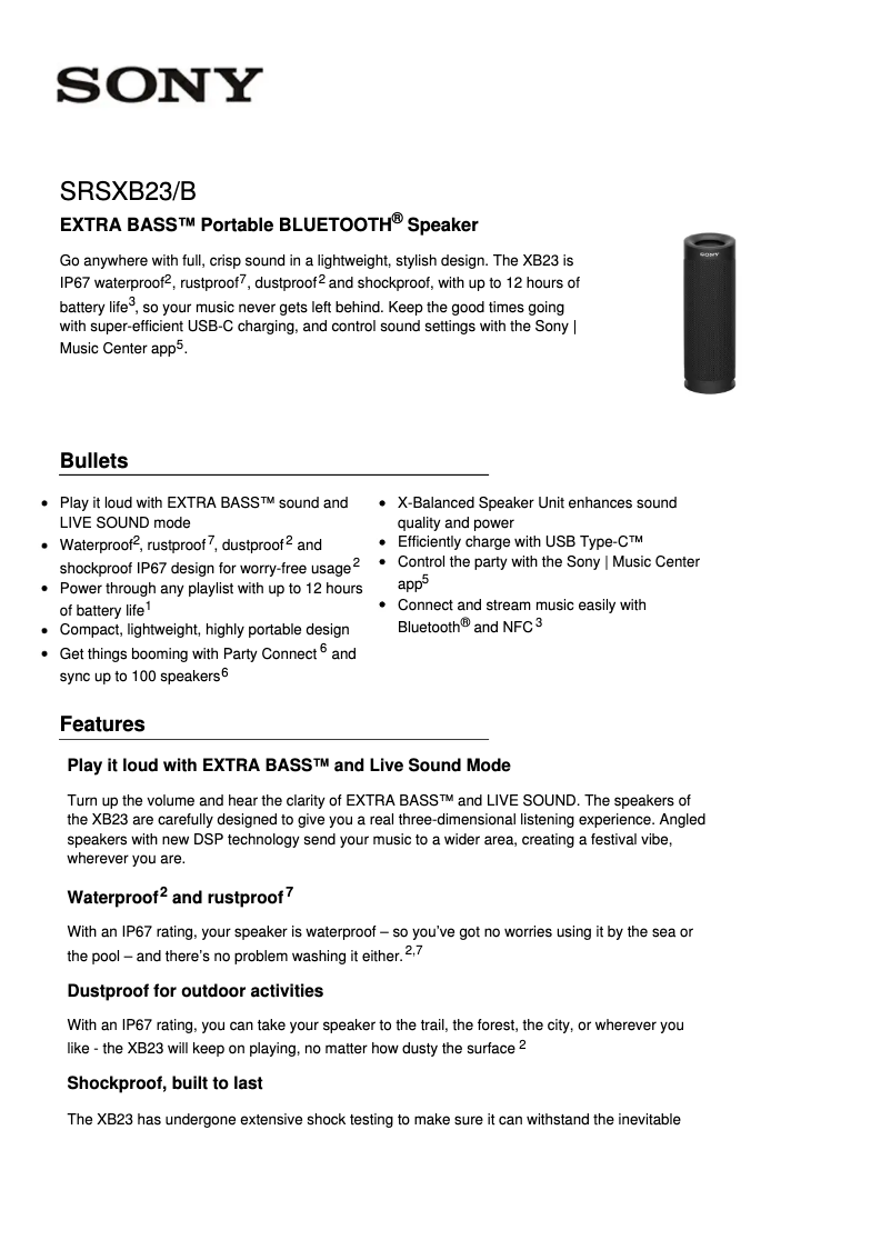 Page n°1 - Fiche technique Sony SRS-XB23