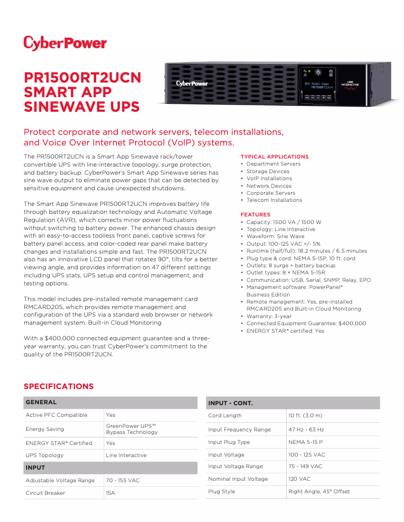 Page n°1 - Fiche technique CyberPower PR1500RT2UCN
