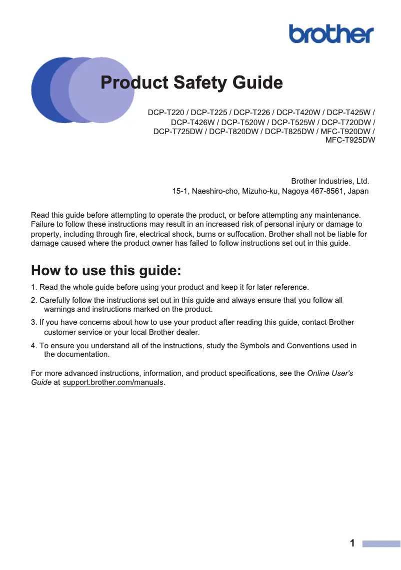 Page n°1 - Instructions de sécurité Brother DCP-T720DW
