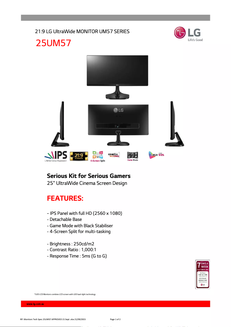 Page 1 de la notice Fiche technique LG 25UM57-P