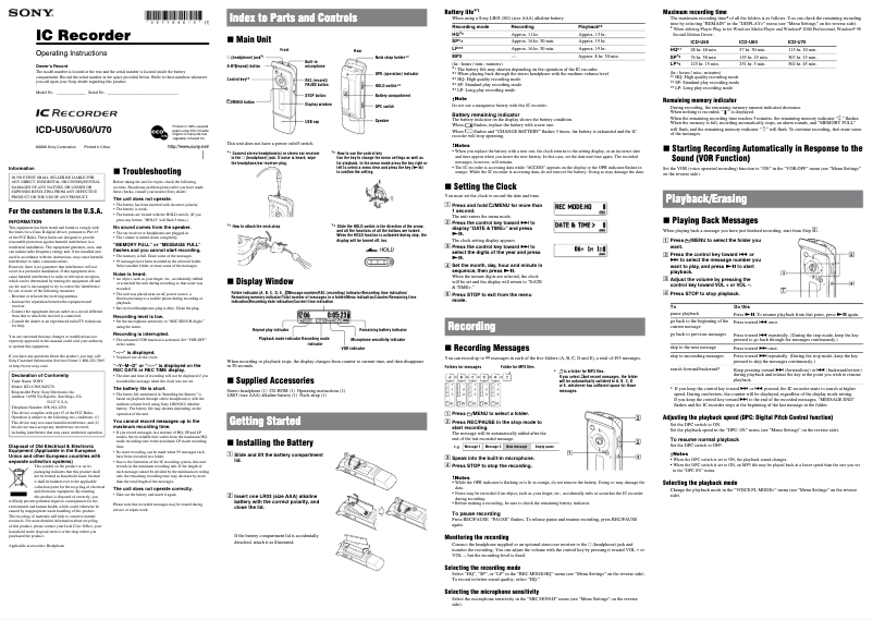 Page n°1 - Manuel utilisateur Sony ICD-U50