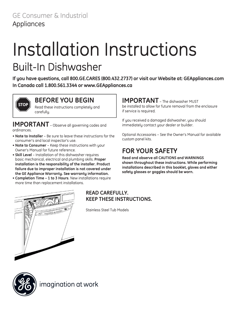 Page 1 de la notice Guide d'installation GE GDWT160RSS