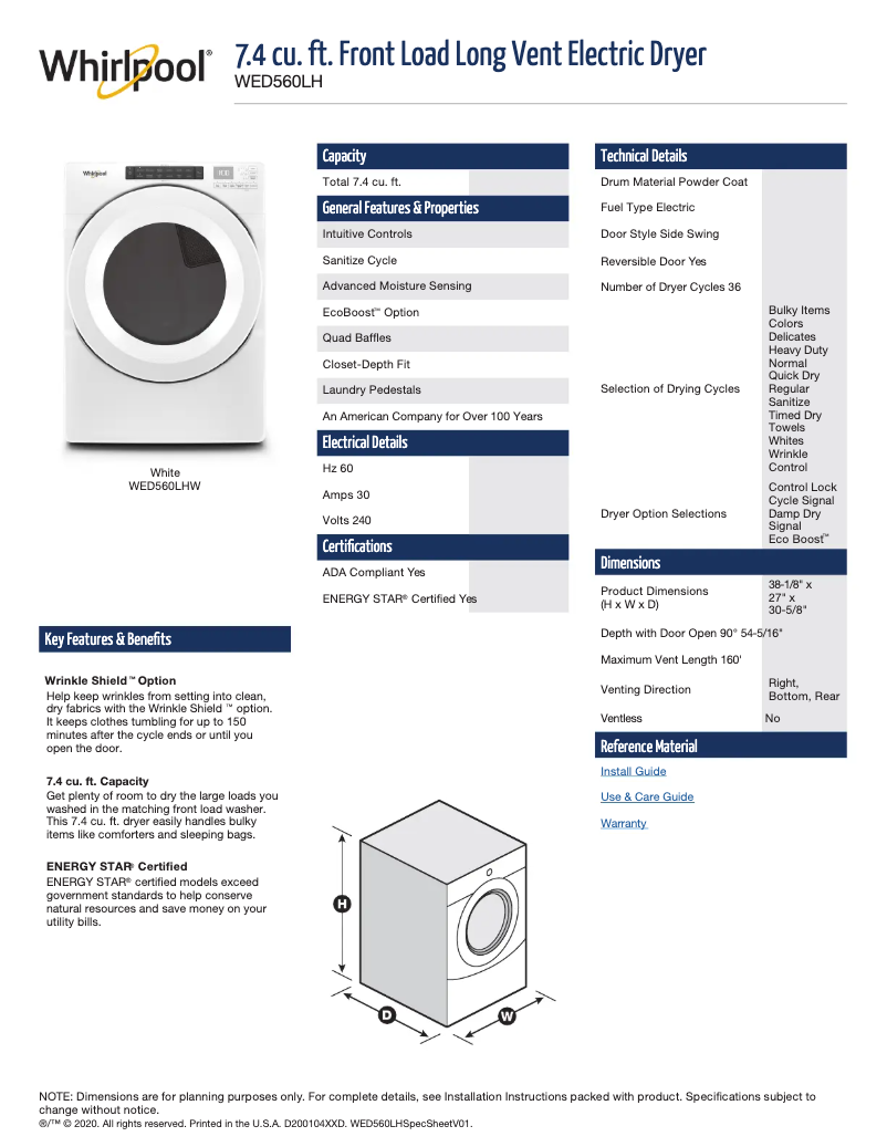 Página 1 del manual Ficha técnica Whirlpool WED560LHW