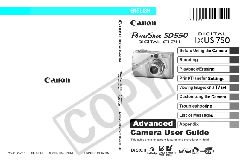 Image de la première page du manuel de l'appareil PowerShot SD550