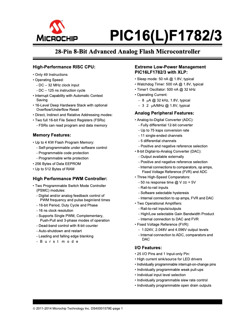Page 1 de la notice Fiche technique Microchip PIC16F1782